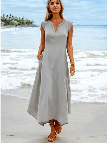  Damen Maxikleid T-Shirt Kleid Teekleid Sommerkleid Etuikleid Sommerkleid Leinen wie Bohemia Urlaub Ethno Urlaub Strand Normale Passform Einfarbig Einfarbig Kurzarm Gekerbter Hals Blau Grau Sommer