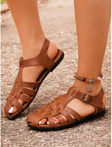  sandali da pescatore marroni da donna – sandali bassi in pelle intrecciata vintage con cinturino con fibbia per passeggiate estive casual e abbigliamento all'aperto