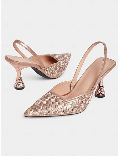  Damen-Slingback-Pumps mit Strasssteinen in Roségold und geometrischem Absatz – luxuriöse Abend- und Verabredungsschuhe