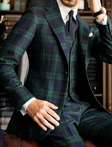  Trajes de boda para hombres verde oscuro cuadro escocés 3 piezas ajuste a medida de dos botonaduras