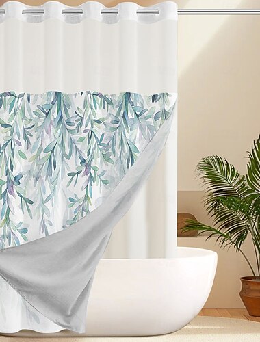  Bladeren Waffle-Weave Textuur Douchegordijn 180cm 70" met Inzetliner Doorzichtig Venster Waterafstotend Polyester Mix Stof Ophangtop 120GSM Hotelkwaliteit Spa Badkamer Scheiding Geen Haken Vereist