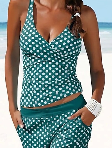  Damen Übergröße Badeanzug Tankini Zweiteilig Freche Unterhose Bademode Kreuz Gestrickt Vintage Stilvoll Tupfen Ärmellos Badeanzüge