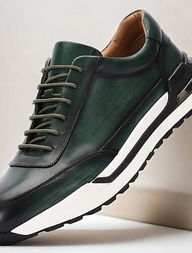  Sportschuhe aus hochwertigem Rindsleder für Herren in Dunkelgrün und Schwarz, stilvolles sportliches Design für Freizeit und Sport
