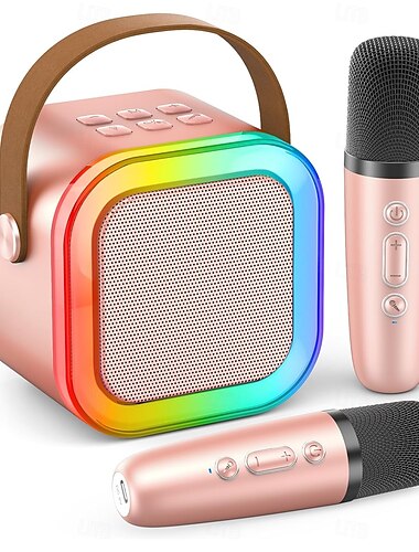  mini karaoke maskin bärbar bluetooth mini karaoke mikrofon sång högtalare med 2 trådlösa mikrofoner och ljus för alla smartphones