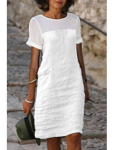  Femmes Mini Robe Robes inspirées du lin Robe en coton et lin Basique Extérieur Vacances Sortir Coupe régulière Uni Manche Courte Col ras du cou Blanche Rose Claire Gris Bleu clair Été