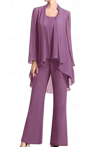  Hosenanzug Brautmutterkleid Hochzeitsgast Elegant Einfach Juwelenhals Bodenlang Chiffon Langarm mit Einfarbig 2025