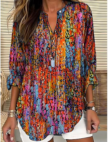  Dames Overhemd Ombre Grafisch Vintage Tropisch Hawaii Lange mouw V-hals Normale tops Dagelijks Feestdagen Strand Kleding Afdrukken blauw Paars Oranje Groen Zomer Lente