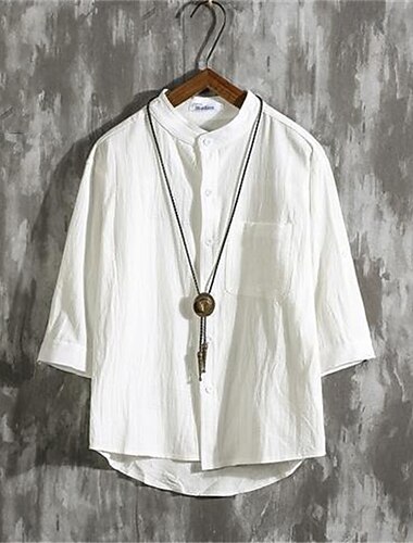  Herre Skjorte linskjorte Uformell skjorte Skjorte med knapper Bomullsskjorte عادي Feriereise Hawaiisk Svart Hvit Grønn 3/4 ermer Båndkrage Sommer Klær Lomme