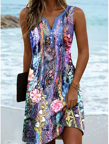  Damen Minikleid Lässig Kleid Sommerkleid Elegant Lässig Urlaub Alltag Urlaub Reguläre Passform Floral Grafisch Boho Paisley Damask Ärmellos V-Ausschnitt Fuchsia Sommer Frühling