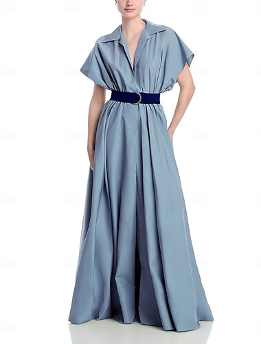  A-Linien-Abendkleid, elegantes Kleid, formelle Hochzeit, bodenlang, Fledermausärmel, Hemdkragen, glänzender Stoff mit gerafften Details, elastischer Gürtel, Seitentasche 2025