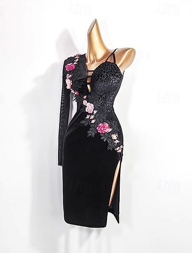  Latin Dance Dress Embroidery Splicing Women's Performance Training Long Sleeve Mesh Velvet
