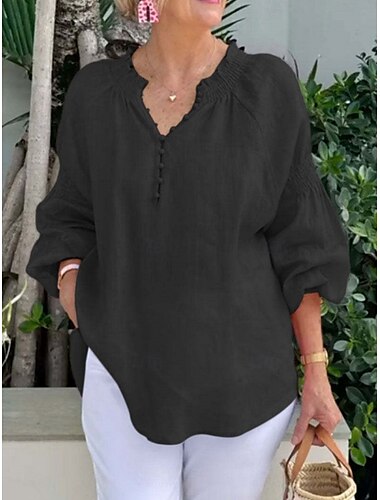  Damen Hemd Bluse Glatt Basic Modern Langarm V Ausschnitt Normale Oberteile Täglich Festtage Knopf Schwarz Weiß Gelb Rosa Rote Sommer
