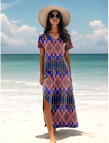  Damen Maxikleid Sommerkleid A-Linie Kleid Urlaub Lässig Urlaub Täglich Reguläre Passform Grafik Geometrisch Paisley Kurzarm V-Ausschnitt Blau Lila Grün Frühling Herbst