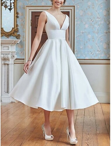  Engagement Kleine Abschlussfeier Weiße Kleider Hochzeitskleider A-Linie V-Ausschnitt Ärmellos Tee-Länge Satin Brautkleider mit Falten Unifarbe 2025