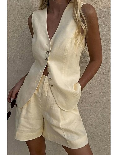  Femmes Actif Basique Chemisier Ensembles de Shorts Sans manches Col en V Couleur Unie Dubbele Rij Knopen Décontracté Quotidien Week-end Noir Blanche Marron Été Coupe régulière