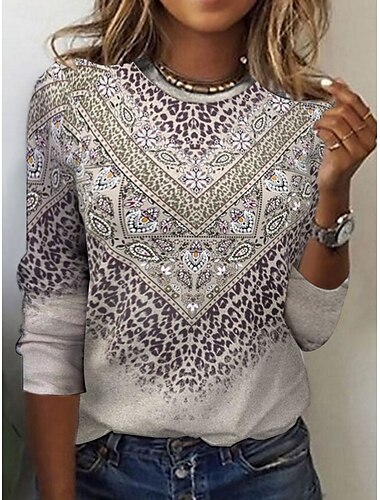  Women's T Shirt Floral Tribal Fashion Modern Long Sleeve Crew Neck Regular Tops Daily Print Orange Brown Gray Summer