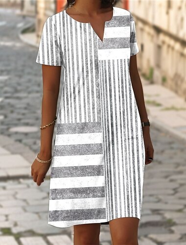  Damen Mini-Kleid Shift Kleid Freizeit Täglich Reguläre Passform Grafik Streifen Kurzarm Eingekerbter Ausschnitt Rosa Blau Grau Sommer Frühling
