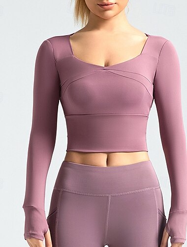  Damen Yoga Top Rundausschnitt Schnelltrocknend Leicht Atmungsaktiv Gerafft Langarm Sport Einfarbig T-Shirt Oberteil Für Laufen Fitness Yoga Schlank Sportkleidung