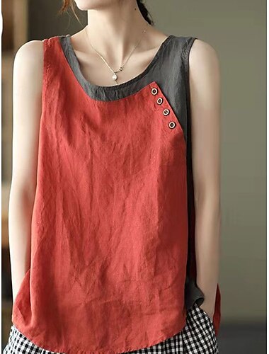  Damen Camisole-Tanktop Farbblock Vintage Täglich Stilvoll Ärmellos Rundhalsausschnitt Normale Oberteile Täglich Knöpfe Rosa Rote Grün Grau Sommer Frühling