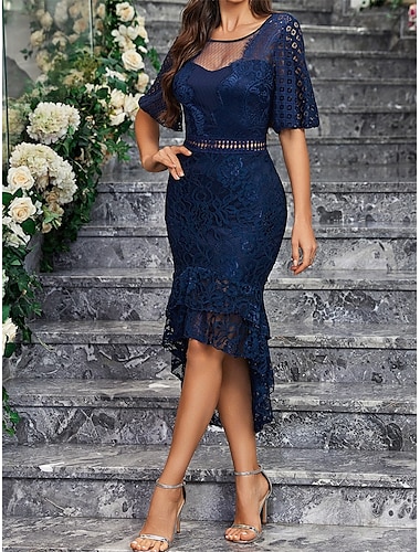  Kleid Mutter der Braut Kleid Elegant Party Einfach Rundhalsausschnitt Asymmetrisch Spandex Kurzarm mit Spitze 2025