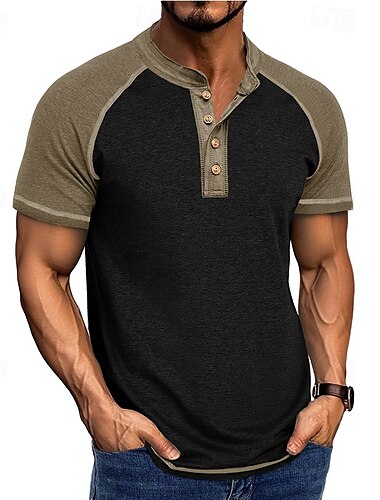  男性用 ヘンリーシャツ ティートップ ベースボールTシャツ 半袖 カラーブロック ファッション デザイナー ラグランスリーブ ヘンリー バケーション ストリート お出かけ 夏 ダークグレー ブラック グレー ヘンリーTシャツ