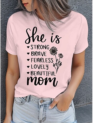  母の日 女性用 Tシャツ フラワー グラフィック レタード カジュアル 半袖 ラウンドネック レギュラートップス 日常 プリント ホワイト ピンク ブルー 夏
