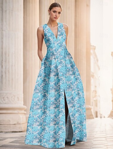  A-Linie Abendkleid Elegant Kleid Formell Hochzeit Bodenlang Ärmellos V Ausschnitt Nylon mit Blumenmuster Schlitz Tasche 2025