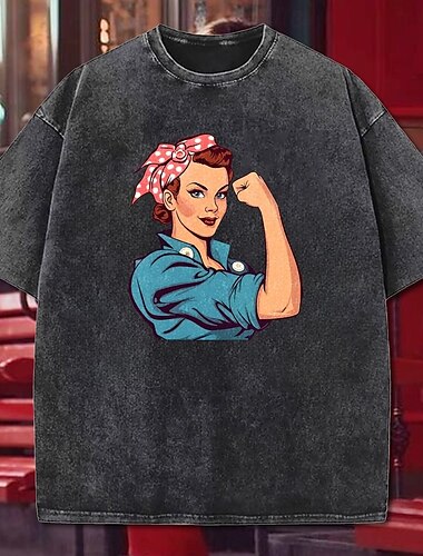  T-Shirt-Ärmel Übergroßes Acid Washed T-Shirt Retro Poster Retro-Mädchen Grafik Für Paar Herren Damen Erwachsene Maskerade Heißprägen Casual