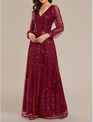  A-Linie Ballkleider Elegant Kleid kleid hochzeitsgast Boden-Länge Langarm V Ausschnitt Pailletten mit Glitzer Paillette 2025