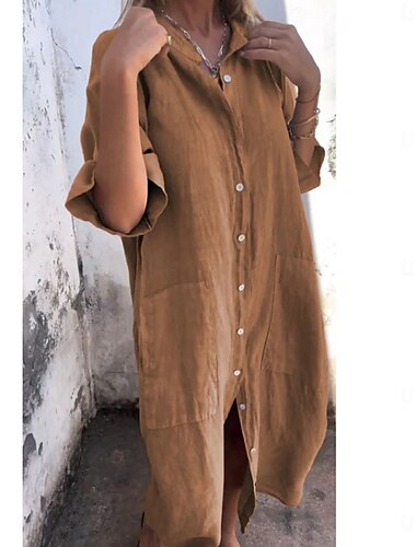  Damen Baumwolle Leinen Midi Kleid Sportlich Kleid Lässig Cocktail Büro Date Regulärer Schnitt Einfarbig Halbe Ärmel Hemdkragen Schwarz Rot Blau Orange Sommer