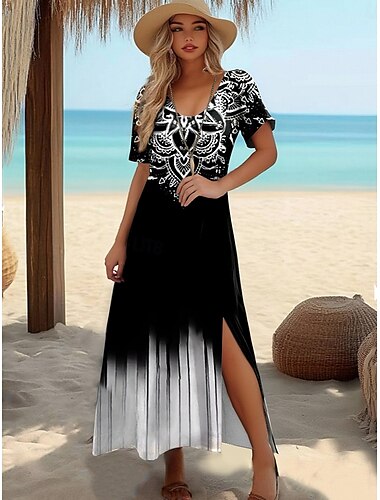  Damen Maxi Kleid A-Linien Kleid T-Shirt Kleid Tee Kleid Sundress Sommerkleid Elegant Urlaub Tropisches Urlaub Strand Regulär Fit Floral Grafik Kurzarm Rundhals Blau Sommer