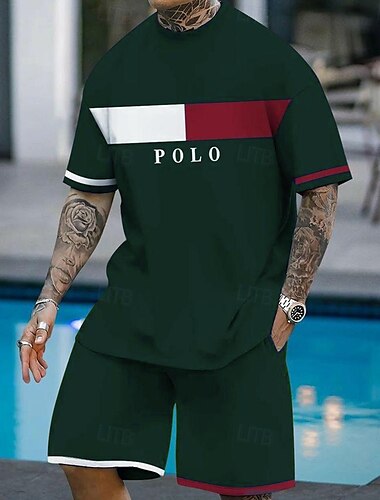  Herren Grafik 2St T-Shirts-Sets Sommeroberteile Kurzarm Kurze Hosen Rundhalsausschnitt Sport Lässig Outdoor Urlaub Sport 3D-Druck Sommer Schwarz Blau Grün