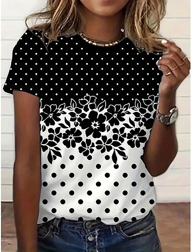  Dam T-shirt Blommig Grafisk Ledigt Kortärmad Rund hals Vanliga toppar Dagligen Mönster Svart Vit Rodnande Rosa Grön Sommar Vår