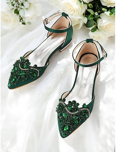  Zapatos planos de punta puntiaguda adornados con piedras preciosas verdes: zapatos de boda y de noche de estilo vintage para mujer