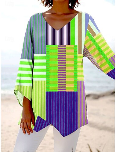 Blusa de mujer de manga larga con dobladillo asimétrico gráfico geométrico a cuadros estilo playero de manga corta escote en V tops regulares impresión diaria azul naranja verde primavera otoño