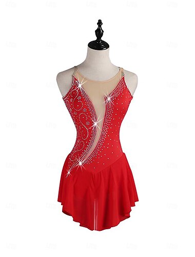  Eiskunstlaufkleid Damen Mädchen Eislaufen Kleid Rot Patchwork Offener Rücken Netzstoff Spandex Dehnbar Training Übung Professionell Eiskunstlaufkleidung Thermowarm Kristall / Strass Ärmellos