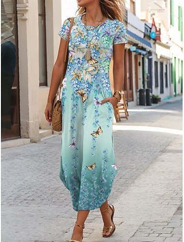  Femmes Robe maxi Robe T-Shirt Robe d'été Occasionnel Quotidien Coupe régulière Fleuri Graphique Manche Courte Col ras du cou Bleu Été