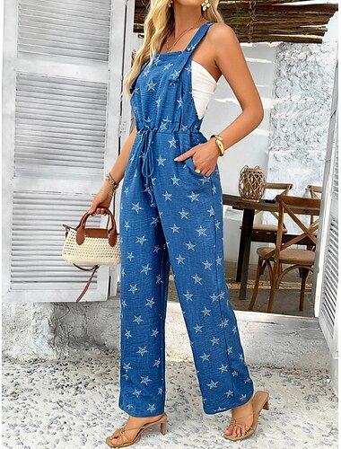  Damen Overall Jumpsuit Aktiv Grafik ärmellos weite Beine Rundhals Kordelzug hohe Taille Urlaub täglich Regular Fit Schwarz Weiß Militärgrün Sommer