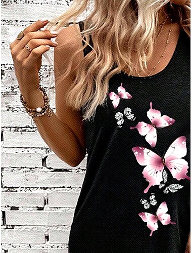  Damen Mini Kleid A-Linie Kleid Sommer Kleid Off-Shoulder Kleid Urlaub Lässig Täglicher Lockere Passform Grafik Schmetterling Ärmellos U-Hals Schwarz Sommer Frühling