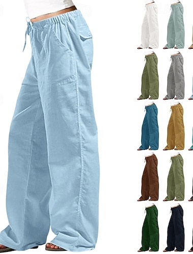  女性用 コットンリネンパンツ スラックス ストリートファッション カジュアル 全長 ナチュラルウエスト 平織り ポケット 弾性巾着デザイン 屋外 快適 デイリーウェア お出かけ ディプレッション・グリーン ダークブラウン ライトスカイブルー ネービー 夏 レギュラー