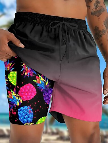  Herren Frucht Ananas Gefütterte Shorts 2 in 1 Badeshorts Badeshorts Mittlere Taille Hawaiianisch Urlaub Ferien Strandbekleidung Seitentaschen Mit Kompressionsfutter Elastischer Kordelzug in der Taille