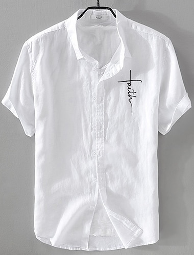  Herr Linneskjorta Casual skjorta Linneskjorta i bomull Knapp upp skjorta Mönster Semester Gata Vit Mörk marin Himmelsblå Grå Kortärmad Kavajslag Sommar Kläder Button-Down