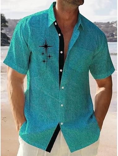  Voor heren Zomer overhemd Normaal shirt Strand hemd Overhemd met knopen Groen Korte mouw Patroon Sterren Revers Vakantie Hawaii Kleding Polyester Modieus Casual Comfortabel