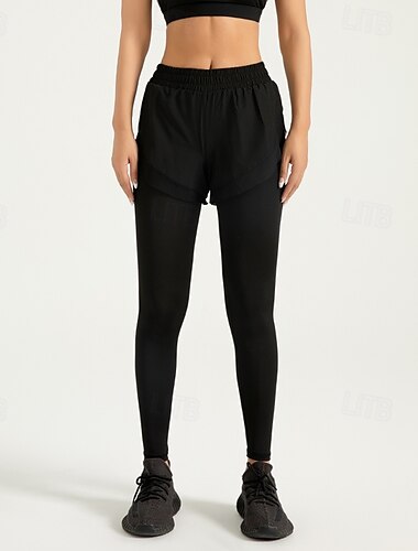  Damen Yogahose Yoga-Leggings 2 in 1 Bauchkontrolle Po-Lifting Hohe Taille Yoga Fitnesstraining Pilates Strumpfhosen Farbblock Schwarz Blau Purpur Spandex Herbst Sport Sportkleidung Dehnbar Schlank