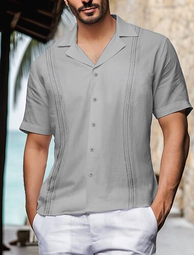  رجالي قميص قميص Guayabera قميص صيفي قميص الشاطئ سهل عطلة فضفاض أسود أبيض رمادي أزرق فاتح كم قصير قبة الصيف الربيع ملابس