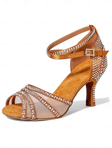 Damen-Sandalen mit goldenem Glitzer für Gesellschaftstanz – Peeptoe, Netzriemen, mittlerer Absatz, lateinamerikanische Salsa-Tango-Schuhe für Wettbewerbe und Partys