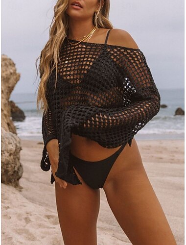  Damen Badeanzüge Cover Up Schwimmkleid Badeanzug Cut Out Urlaub Strandmode Unifarbene Rundhals Lange Ärmel Badeanzüge