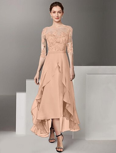  A-Linie Brautmutterkleid Formelles Hochzeitsgast Elegantes Hoch-Tief Off-Shoulder Knöchellanges Chiffon Spitzen-Halbarm mit Falten Applikationen freie Maßanfertigung