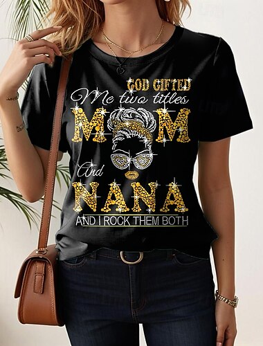  Muttertag Damen T Shirt Grafik Buchstabe Lässig Kurzarm Rundhals Normale Oberteile Täglich Wochenende Druck Schwarz Sommer Frühling MOM