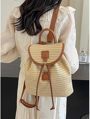  sac à dos en paille pour femme – sac de voyage bohème en rotin tressé avec lanières en cuir, sac à dos de plage d'été chic, sac à main décontracté pour vacances et usage quotidien blanc rose marron